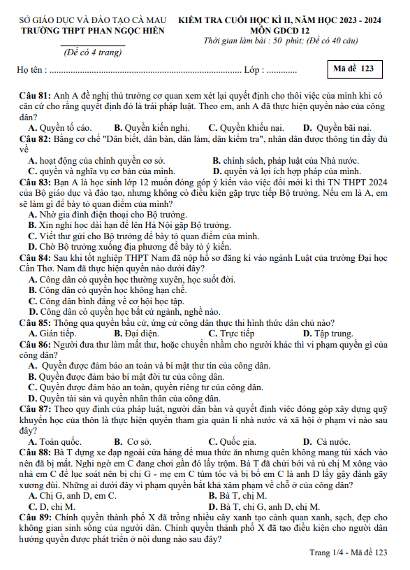 Đề cuối học kì 2 GDCD 12 năm 2023 – 2024 trường THPT Phan Ngọc Hiển – Cà Mau