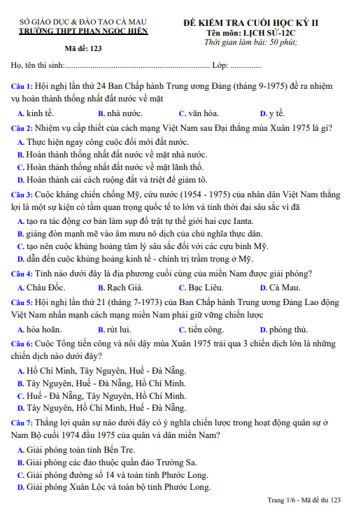 Đề cuối học kì 2 Lịch sử 12 năm 2023 – 2024 trường THPT Phan Ngọc Hiển – Cà Mau