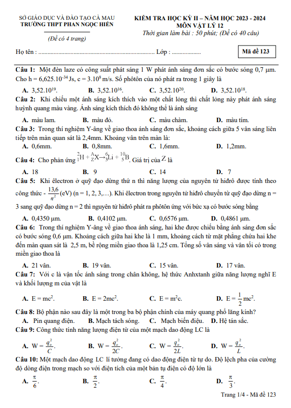 Đề cuối học kì 2 Vật lí 12 năm 2023 – 2024 trường THPT Phan Ngọc Hiển – Cà Mau