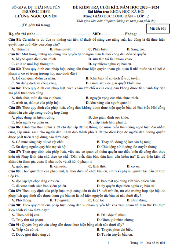 Đề cuối kì 2 GDCD 12 năm 2023 – 2024 trường THPT Lương Ngọc Quyến – Thái Nguyên