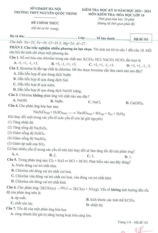 Đề cuối kì 2 Hóa học 10 năm 2023 – 2024 trường THPT Nguyễn Quốc Trinh – Hà Nội