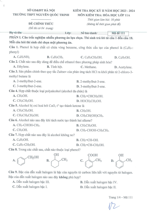 Đề cuối kì 2 Hóa học 11 năm 2023 – 2024 trường THPT Nguyễn Quốc Trinh – Hà Nội