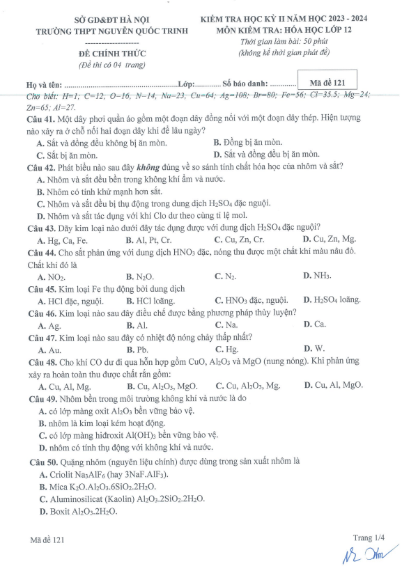 Đề cuối kì 2 Hóa học 12 năm 2023 – 2024 trường THPT Nguyễn Quốc Trinh – Hà Nội