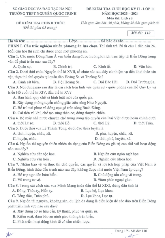 Đề cuối kì 2 Lịch sử 11 năm 2023 – 2024 trường THPT Nguyễn Quốc Trinh – Hà Nội