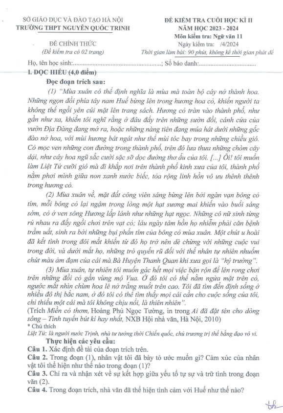 Đề cuối kì 2 Ngữ Văn 11 năm 2023 – 2024 trường THPT Nguyễn Quốc Trinh – Hà Nội