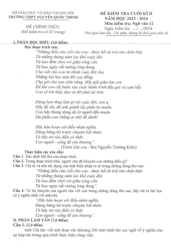 Đề cuối kì 2 Ngữ Văn 12 năm 2023 – 2024 trường THPT Nguyễn Quốc Trinh – Hà Nội