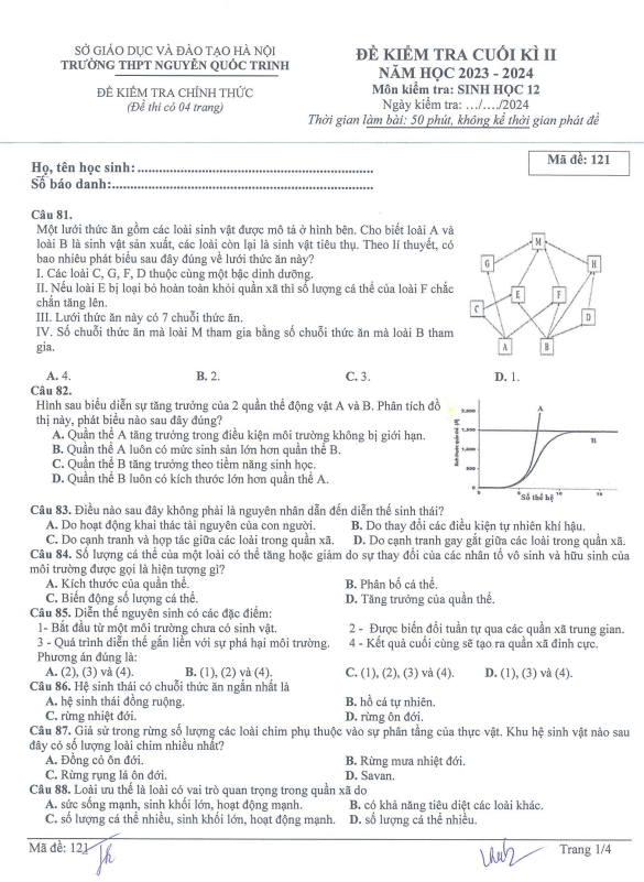 Đề cuối kì 2 Sinh học 12 năm 2023 – 2024 trường THPT Nguyễn Quốc Trinh – Hà Nội
