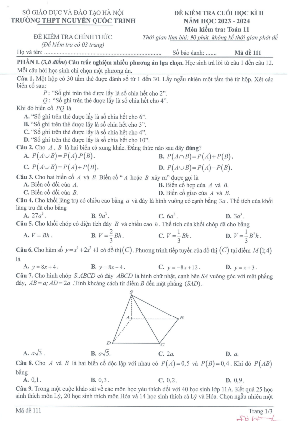 Đề cuối kì 2 Toán 11 năm 2023 – 2024 trường THPT Nguyễn Quốc Trinh – Hà Nội