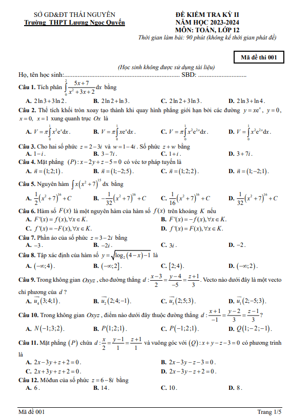 Đề cuối kì 2 Toán 12 năm 2023 – 2024 trường THPT Lương Ngọc Quyến – Thái Nguyên