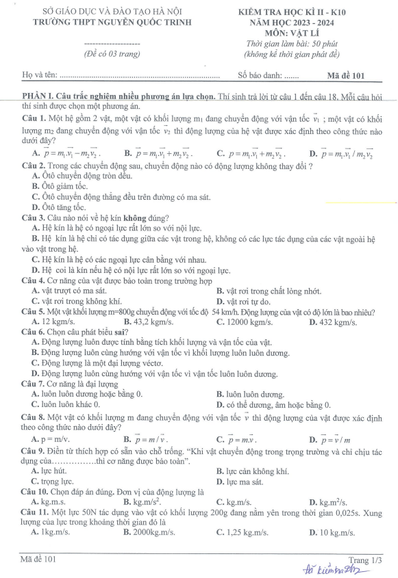 Đề cuối kì 2 Vật lí 10 năm 2023 – 2024 trường THPT Nguyễn Quốc Trinh – Hà Nội