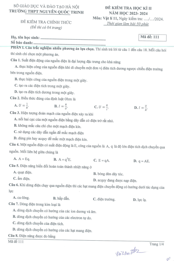 Đề cuối kì 2 Vật lí 11 năm 2023 – 2024 trường THPT Nguyễn Quốc Trinh – Hà Nội