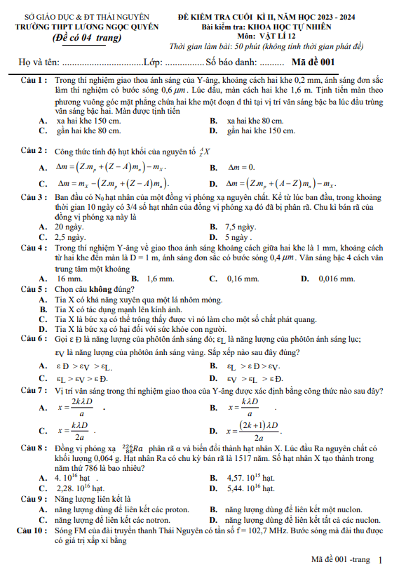 Đề cuối kì 2 Vật lí 12 năm 2023 – 2024 trường THPT Lương Ngọc Quyến – Thái Nguyên