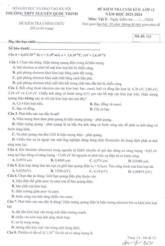 Đề cuối kì 2 Vật lí 12 năm 2023 – 2024 trường THPT Nguyễn Quốc Trinh – Hà Nội