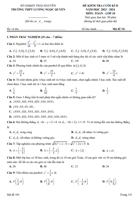 Đề cuối kỳ 2 Toán 10 năm 2023 – 2024 trường THPT Lương Ngọc Quyến – Thái Nguyên
