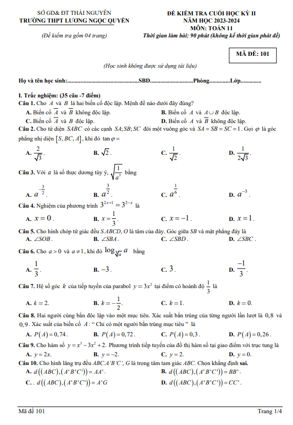Đề cuối kỳ 2 Toán 11 năm 2023 – 2024 trường THPT Lương Ngọc Quyến – Thái Nguyên