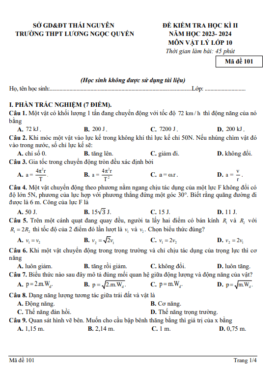 Đề cuối kỳ 2 Vật lí 10 năm 2023 – 2024 trường THPT Lương Ngọc Quyến – Thái Nguyên