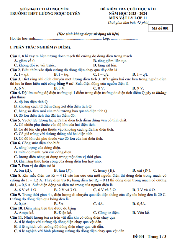 Đề cuối kỳ 2 Vật lí 11 năm 2023 – 2024 trường THPT Lương Ngọc Quyến – Thái Nguyên