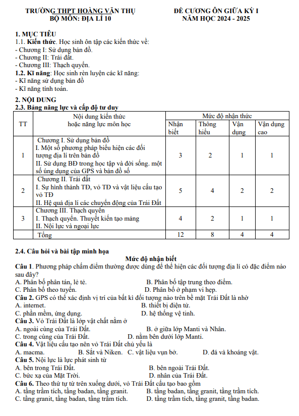 Đề cương giữa kỳ 1 Địa lí 10 năm 2024 – 2025 trường THPT Hoàng Văn Thụ – Hà Nội