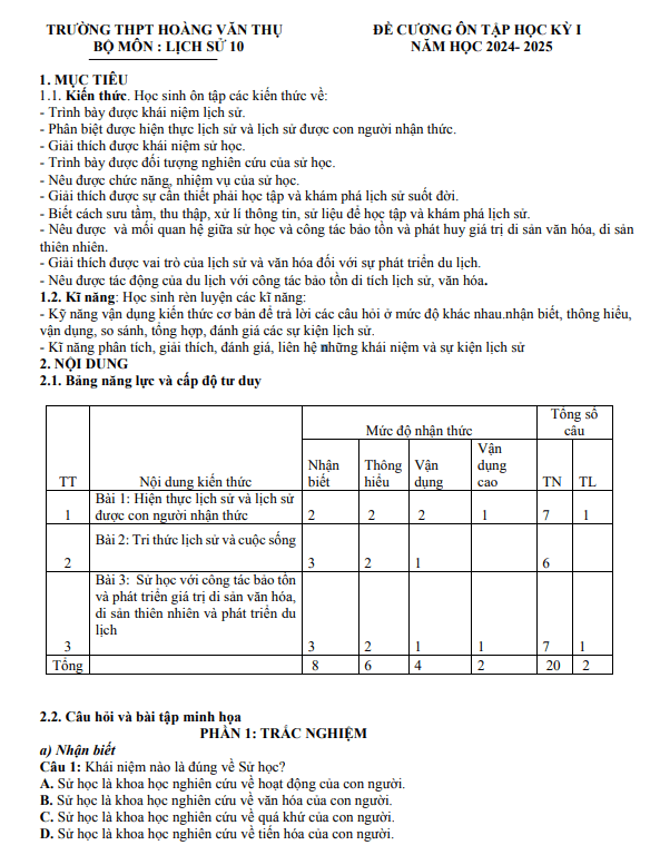 Đề cương giữa kỳ 1 Lịch sử 10 năm 2024 – 2025 trường THPT Hoàng Văn Thụ – Hà Nội