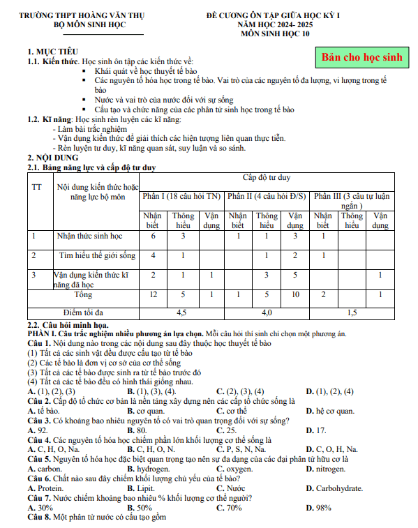 Đề cương giữa kỳ 1 Sinh học 10 năm 2024 – 2025 trường THPT Hoàng Văn Thụ – Hà Nội