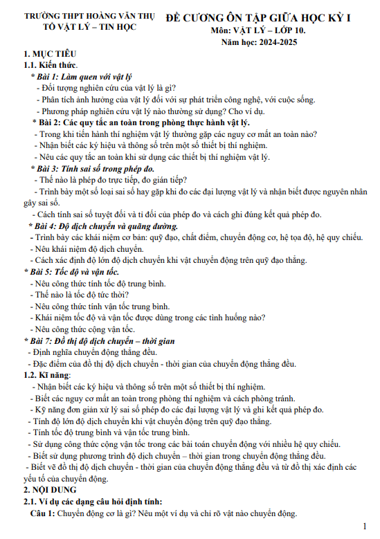 Đề cương giữa kỳ 1 Vật lý 10 năm 2024 – 2025 trường THPT Hoàng Văn Thụ – Hà Nội