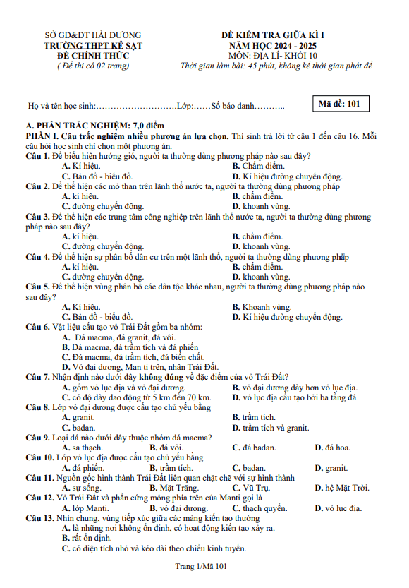 Đề giữa học kỳ 1 Địa lí 10 năm 2024 – 2025 trường THPT Kẻ Sặt – Hải Dương