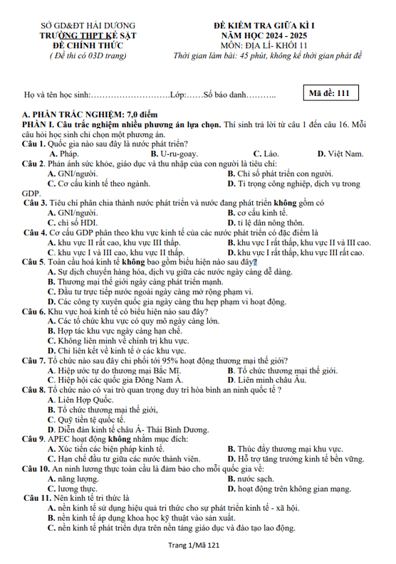 Đề giữa học kỳ 1 Địa lí 11 năm 2024 – 2025 trường THPT Kẻ Sặt – Hải Dương