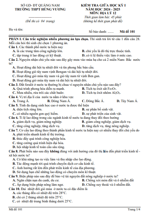 Đề giữa học kỳ 1 Địa lí 12 năm 2024 – 2025 trường THPT Hùng Vương – Quảng Nam