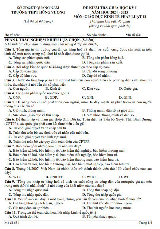Đề giữa học kỳ 1 GDKT&PL 12 năm 2024 – 2025 trường THPT Hùng Vương – Quảng Nam