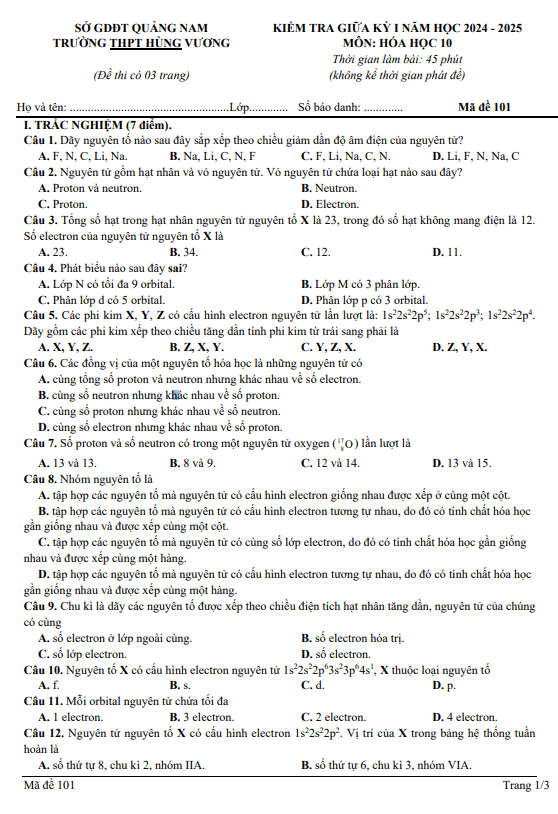 Đề giữa học kỳ 1 Hóa học 10 năm 2024 – 2025 trường THPT Hùng Vương – Quảng Nam