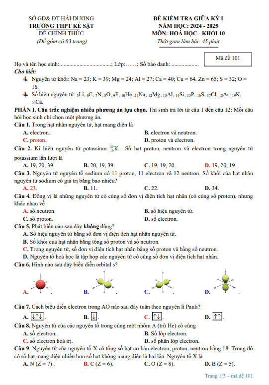Đề giữa học kỳ 1 Hóa học 10 năm 2024 – 2025 trường THPT Kẻ Sặt – Hải Dương