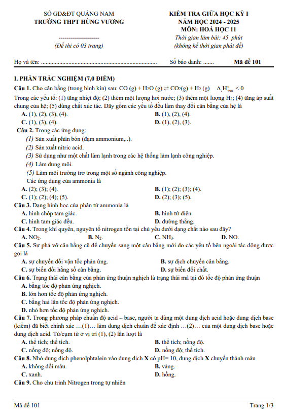 Đề giữa học kỳ 1 Hóa học 11 năm 2024 – 2025 trường THPT Hùng Vương – Quảng Nam
