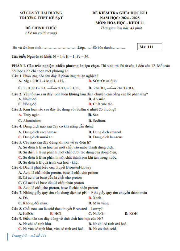 Đề giữa học kỳ 1 Hóa học 11 năm 2024 – 2025 trường THPT Kẻ Sặt – Hải Dương