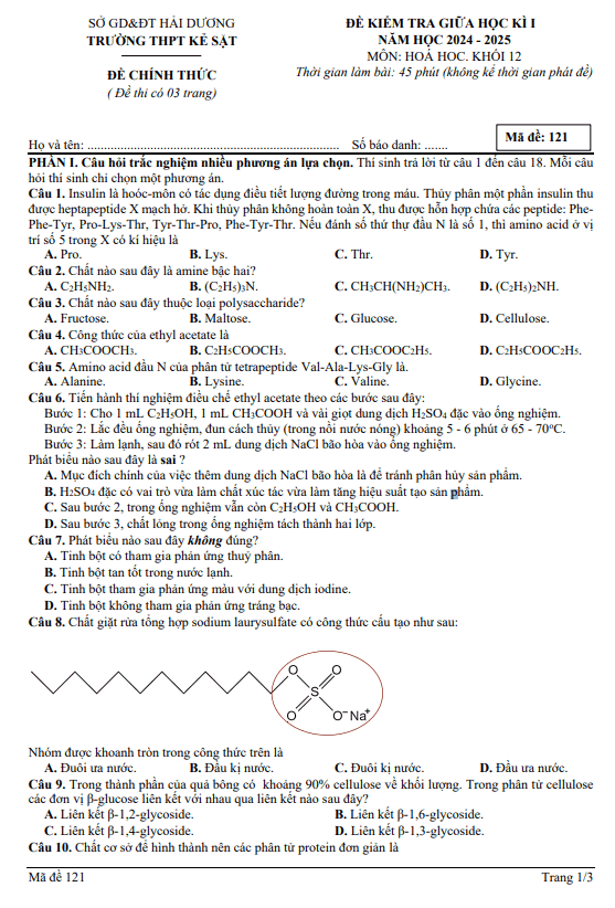 Đề giữa học kỳ 1 Hóa học 12 năm 2024 – 2025 trường THPT Kẻ Sặt – Hải Dương