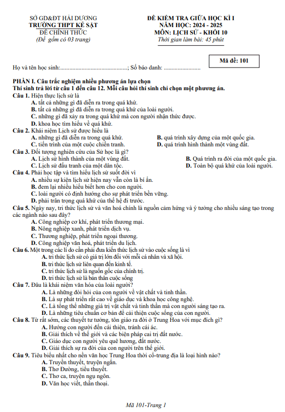 Đề giữa học kỳ 1 Lịch sử 10 năm 2024 – 2025 trường THPT Kẻ Sặt – Hải Dương