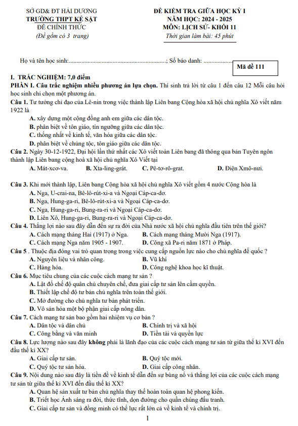 Đề giữa học kỳ 1 Lịch sử 11 năm 2024 – 2025 trường THPT Kẻ Sặt – Hải Dương