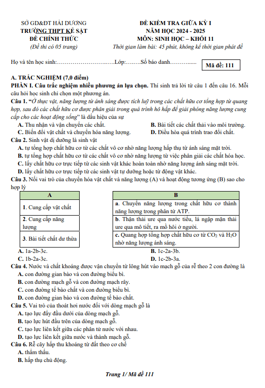 Đề giữa học kỳ 1 Sinh học 11 năm 2024 – 2025 trường THPT Kẻ Sặt – Hải Dương