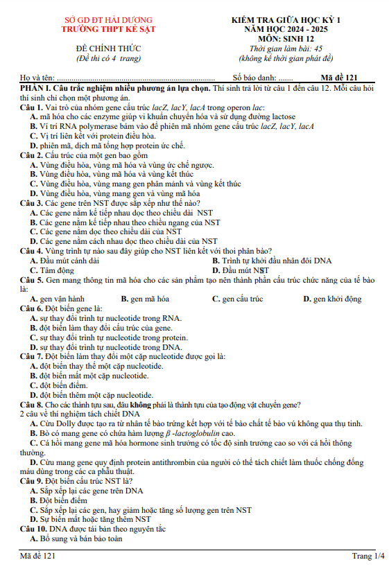 Đề giữa học kỳ 1 Sinh học 12 năm 2024 – 2025 trường THPT Kẻ Sặt – Hải Dương