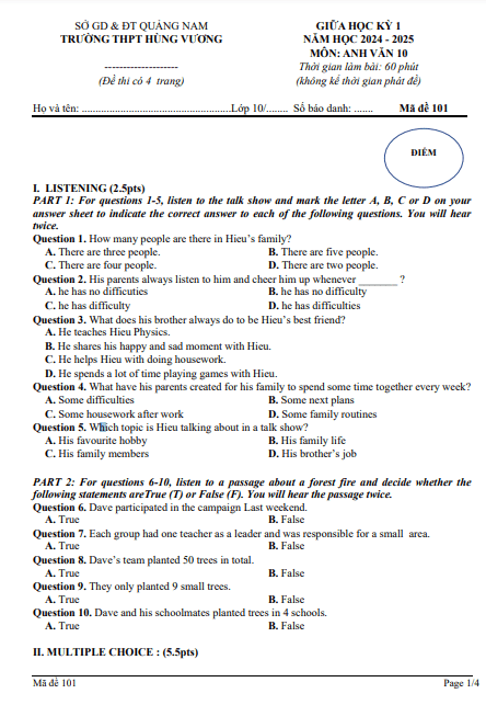 Đề giữa học kỳ 1 Tiếng Anh 10 năm 2024 – 2025 trường THPT Hùng Vương – Quảng Nam