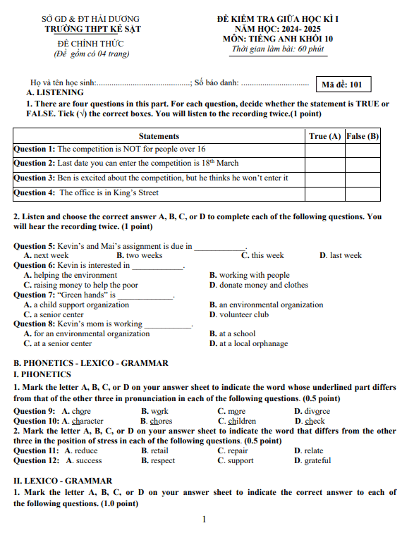 Đề giữa học kỳ 1 Tiếng Anh 10 năm 2024 – 2025 trường THPT Kẻ Sặt – Hải Dương