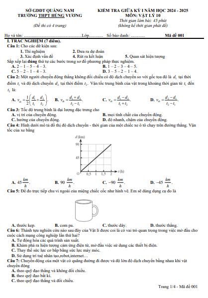 Đề giữa học kỳ 1 Vật lí 10 năm 2024 – 2025 trường THPT Hùng Vương – Quảng Nam