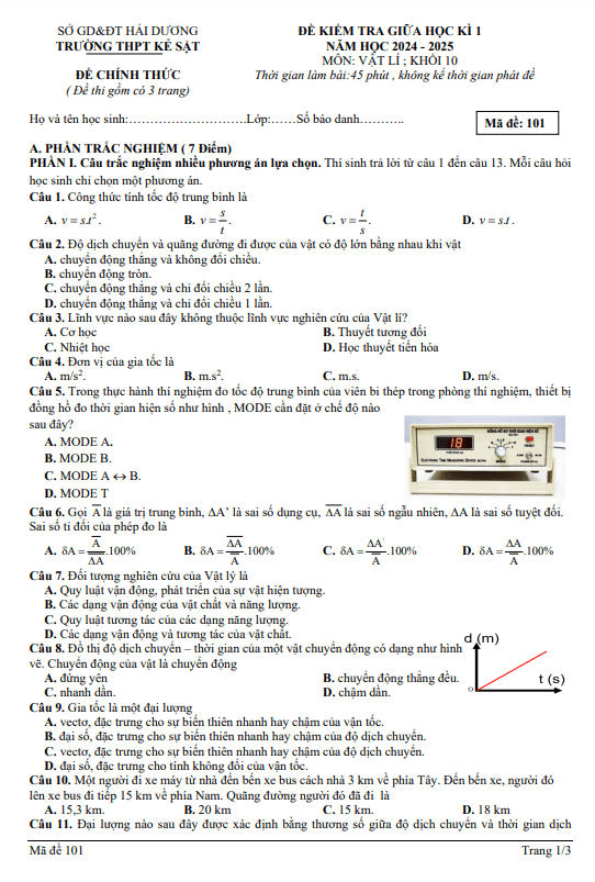 Đề giữa học kỳ 1 Vật lí 10 năm 2024 – 2025 trường THPT Kẻ Sặt – Hải Dương