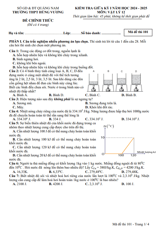 Đề giữa học kỳ 1 Vật lí 12 năm 2024 – 2025 trường THPT Hùng Vương – Quảng Nam