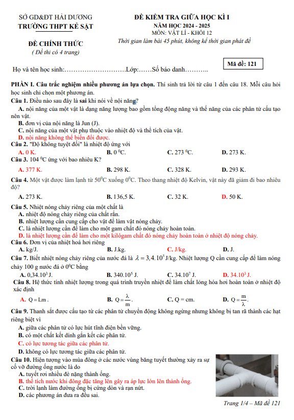 Đề giữa học kỳ 1 Vật lí 12 năm 2024 – 2025 trường THPT Kẻ Sặt – Hải Dương