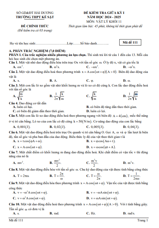 Đề giữa học kỳ 1 Vật lý 11 năm 2024 – 2025 trường THPT Kẻ Sặt – Hải Dương