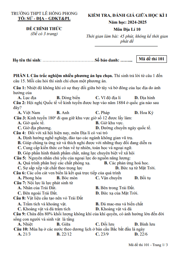 Đề giữa kì 1 Địa lí 10 năm 2024 – 2025 trường THPT Lê Hồng Phong – Đắk Lắk