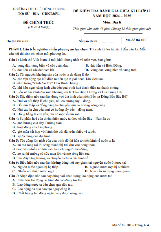 Đề giữa kì 1 Địa lí 12 năm 2024 – 2025 trường THPT Lê Hồng Phong – Đắk Lắk