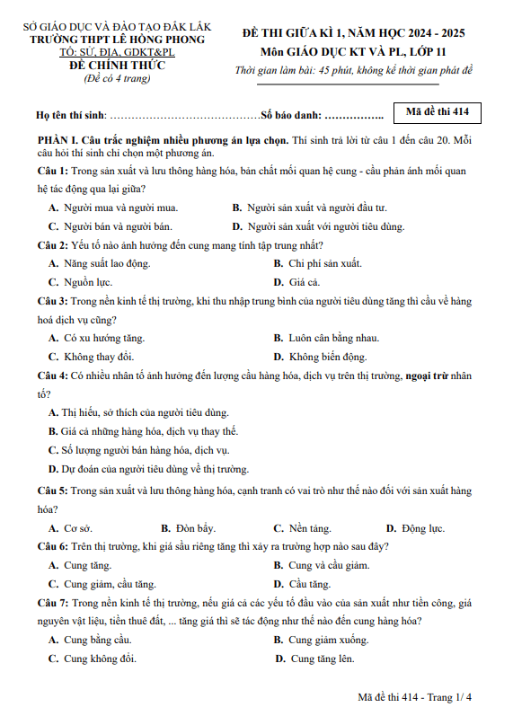 Đề giữa kì 1 GDKT&PL 11 năm 2024 – 2025 trường THPT Lê Hồng Phong – Đắk Lắk