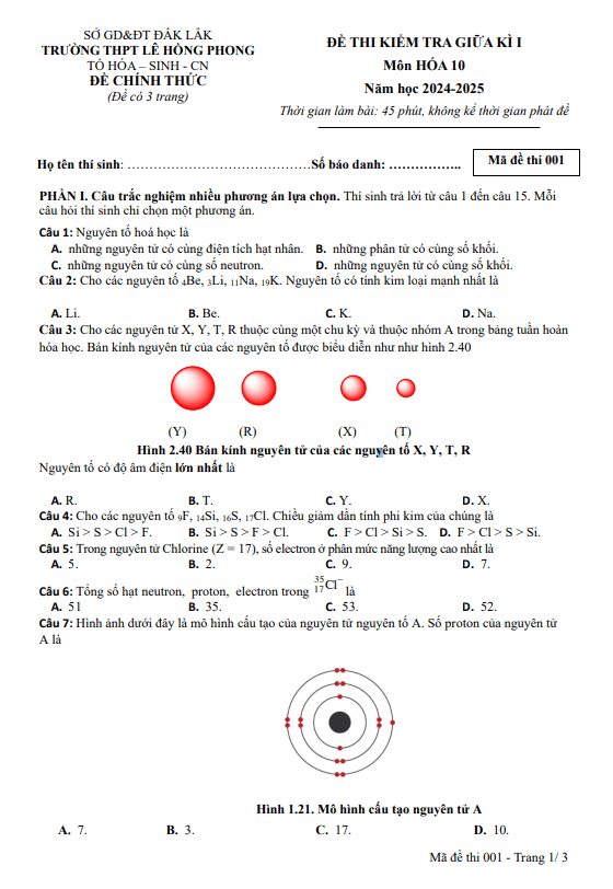 Đề giữa kì 1 Hóa học 10 năm 2024 – 2025 trường THPT Lê Hồng Phong – Đắk Lắk