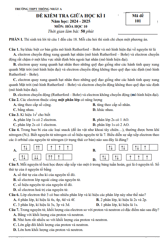 Đề giữa kì 1 Hóa học 10 năm 2024 – 2025 trường THPT Thống Nhất A – Đồng Nai